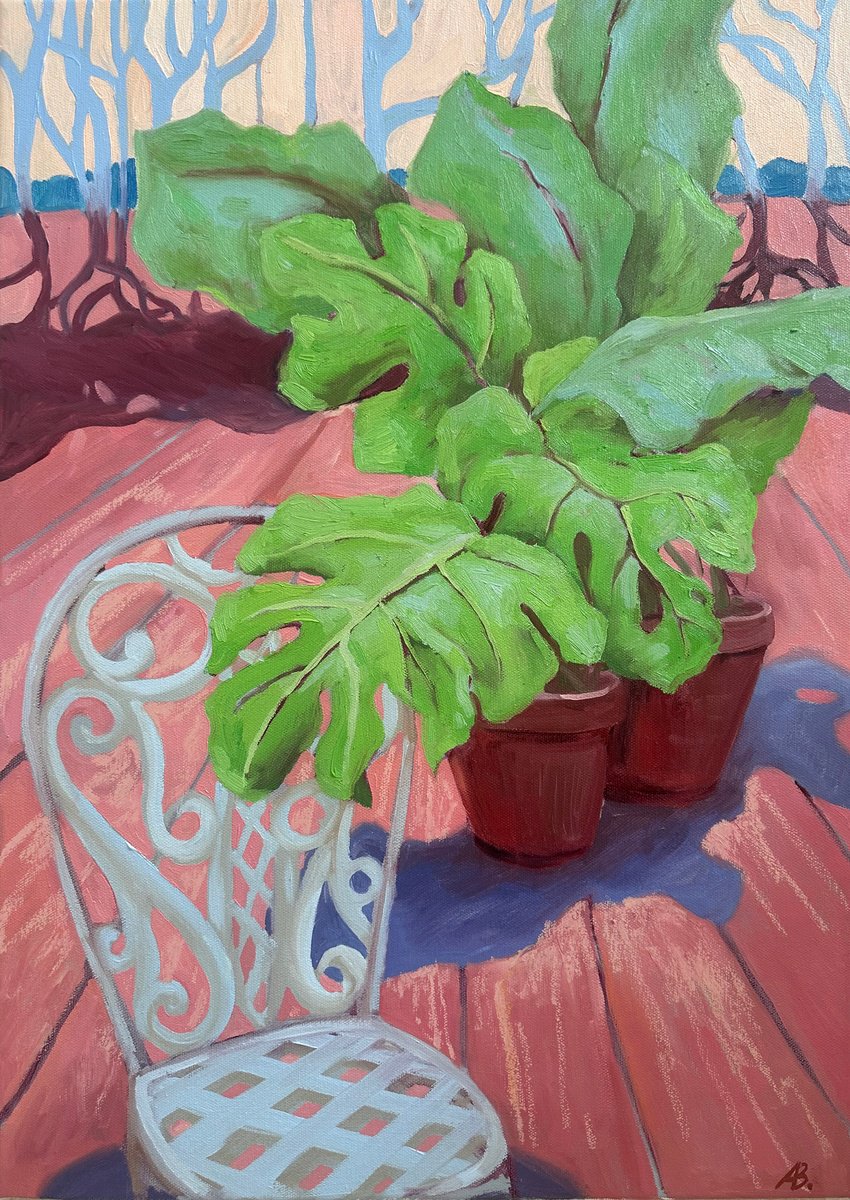 Expressive Oil Painting , White Chair And Flower Pots By Anna Bogushevskaya, 17 X 23, Artwork For Sale On Artfinder