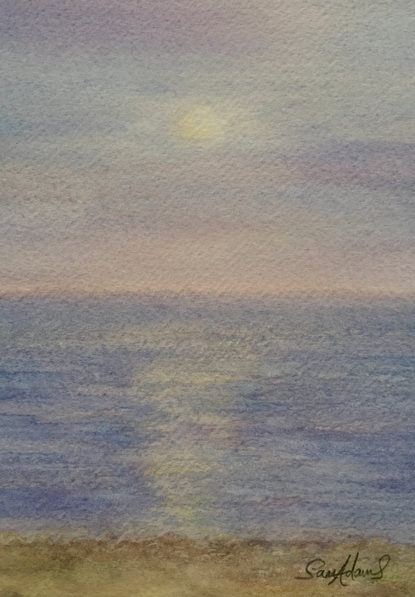 Moon over Swanage bay by Samantha Adams professional watercolorist