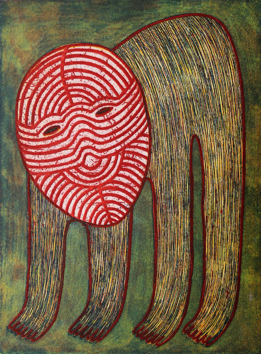 Graphic Portrait Etchings & Engravings By Katya Timoshenko, 10 X 12", Red Mask, Original Artwork