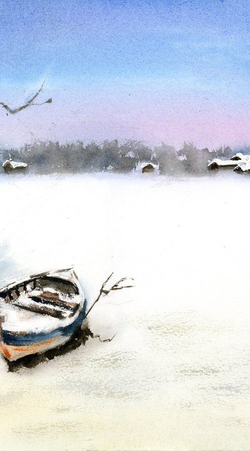 Winter Landscape with Boat by Olga Tchefranov (Shefranov)