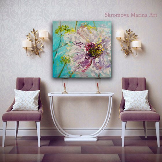 SUN - Delicate chamomile. Floral abstraction. Botanical art. Pink flower. Floral motives 3d. Herbs. Umbrellas.