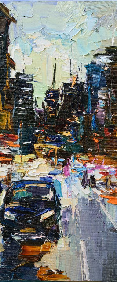 Night City Street #2 - Original urban landscape painting by Anastasiia Valiulina