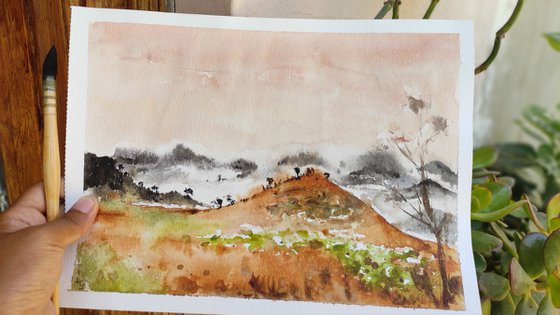 Sapa Vietnam Foggy Countryside Landscape Painting with mountains Original Watercolor Painting