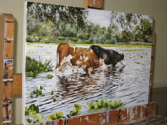 Cow Watering Painting Farm Art