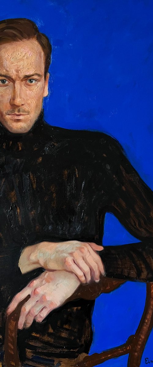 Portrait of Max on Ultramarine blue background by Elina Arbidane