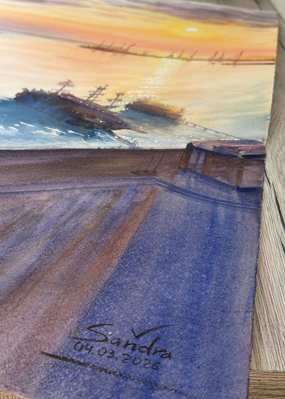 Serene Sunset over a Seaside Town