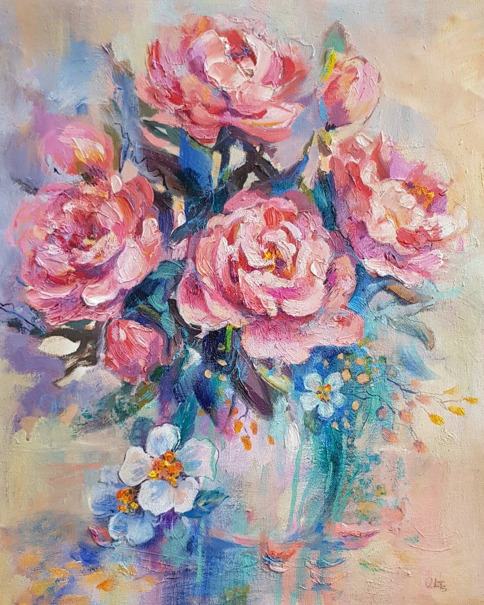 Expressive Botanical Oil Painting By Olga Lomax, 16 X 20", Peony In A White Vase, Original Artwork