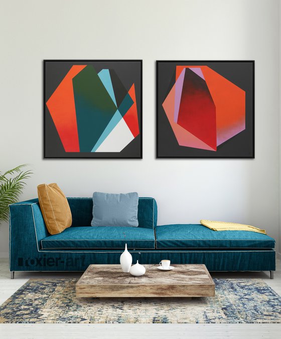 Abstract Painting - Diamond Red Orange Marble - Incl. frame - 95x95cm - Ronald Hunter - 29S