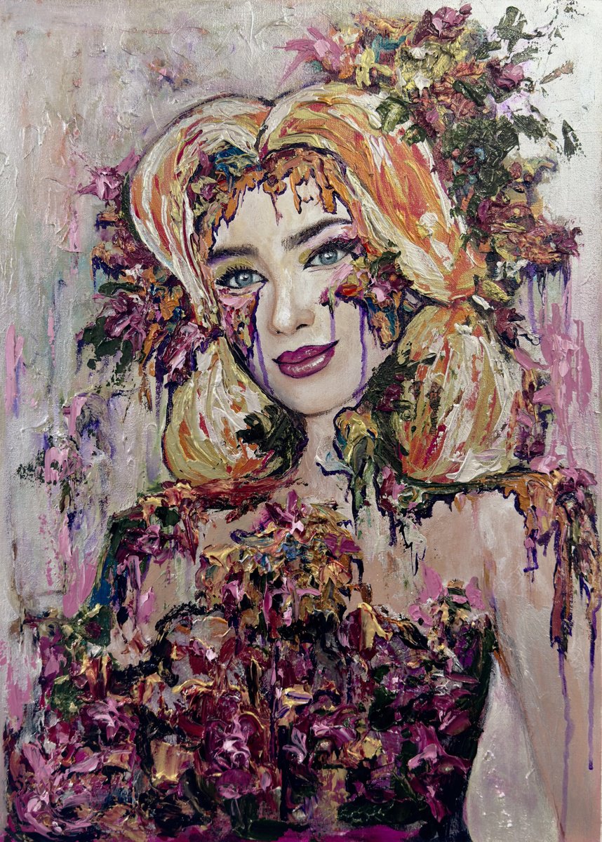 Expressive Portrait Acrylic Painting By Elena Adele Dmitrenko, 20 X 28, - Unspoken Colors - ?Self-Portrait, Original Artwork