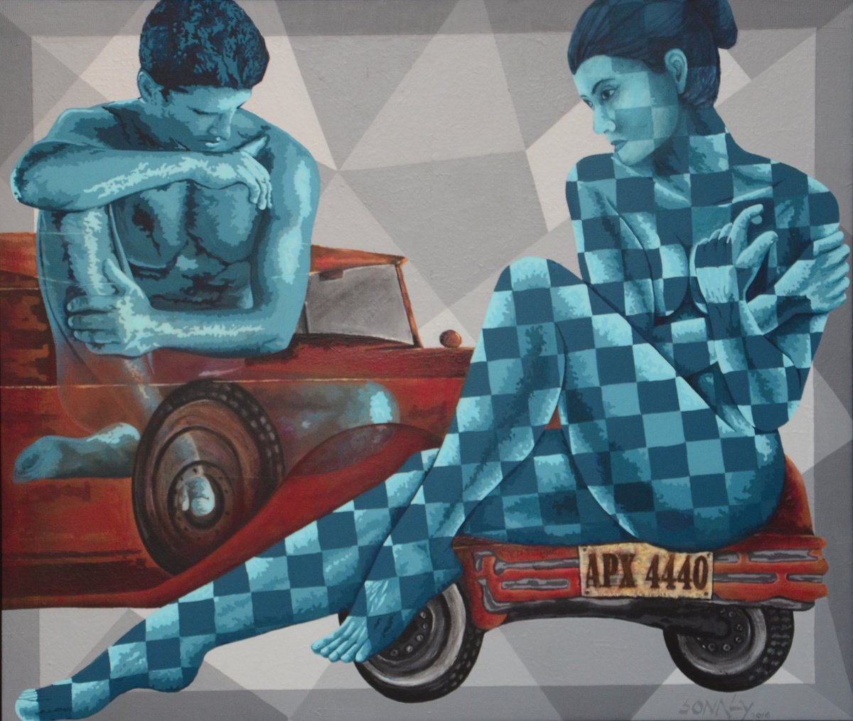Expressive Portrait Acrylic Painting By Sonaly Gandhi, 42 X 36", Couple And Vintage Car, Original Artwork