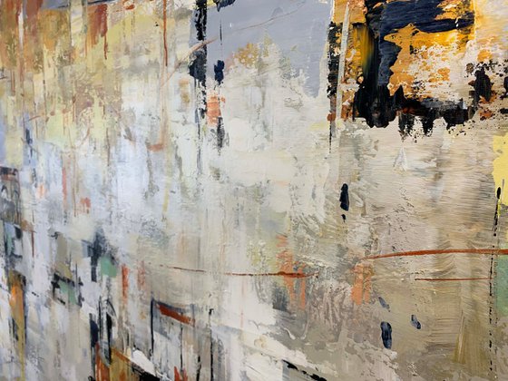 Most of All - Extra Large Oversize Abstract Painting 71" x 40" , Gray Yellow Gold Leaf Soft Colors White Gray Painting