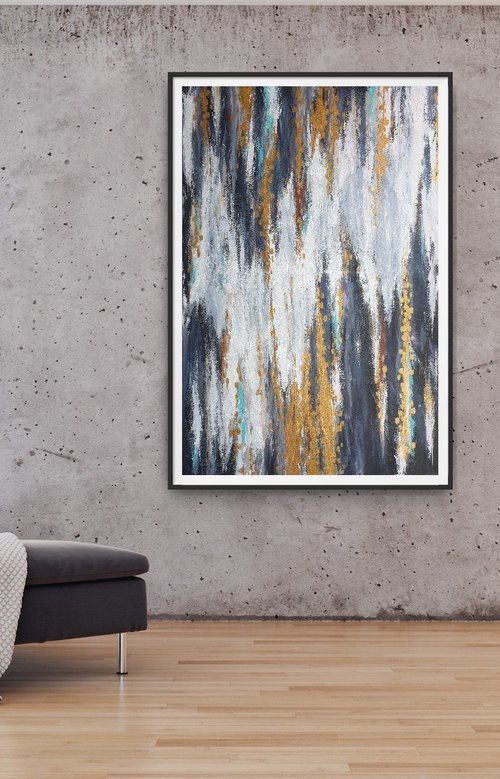 Large Abstract Gray and Gold Painting for Modern Interior Studio Abstract Acrylic Artwork by Yulia Pristupa