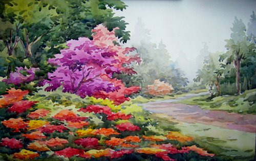 Flowers Garden & Forest-Watercolor on Paper Painting by Samiran Sarkar