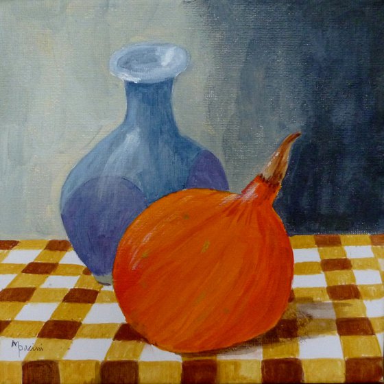 Blue Pot and Squash on Check Cloth