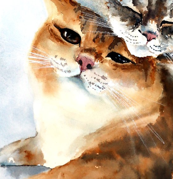 Sleepy Cats - Original Watercolor Painting