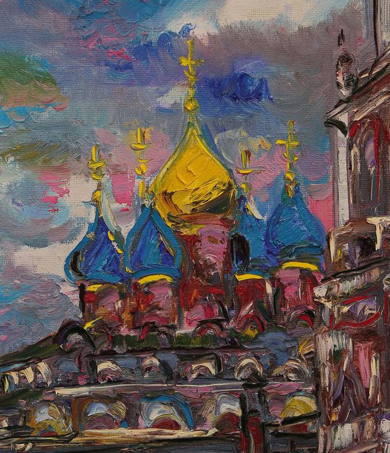 MOSCOW. CLOUDS OVER VARVARKA - Cityscape - Russia church love sky , oil painting