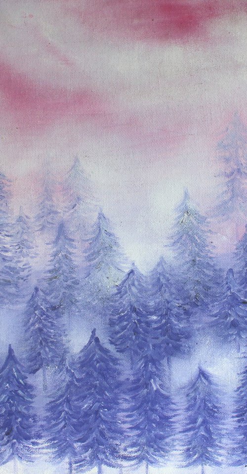 Pink Misty Pine Forest Trees by Vikashini Palanisamy