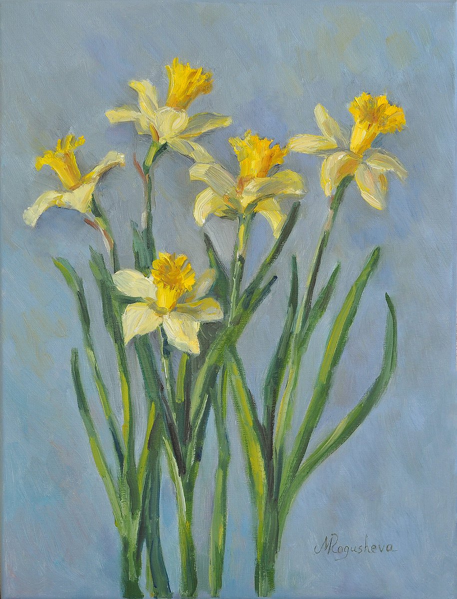 Yellow daffodils original oil painting by Marina Petukhova