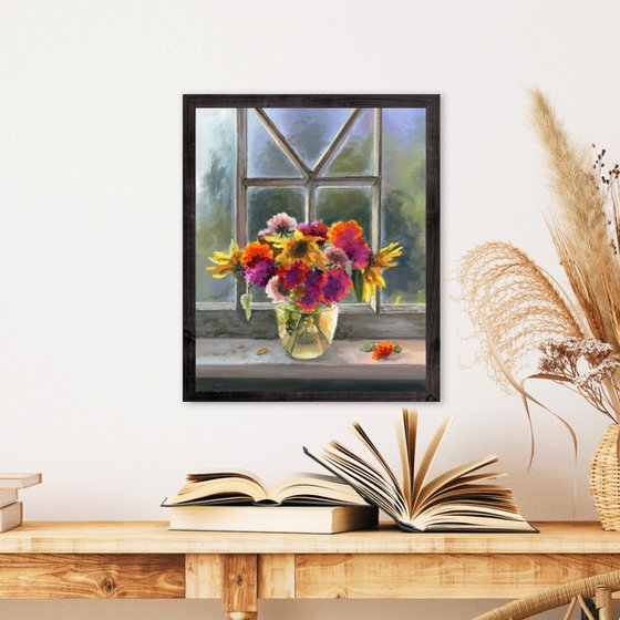 Vase of marigolds on a window