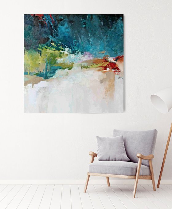 "Thunderstorm" Teal green red abstract art