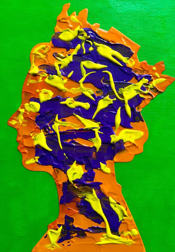 Queen #74 on yellow-green  orange and purple PAINTING INSPIRED BY QUEEN ELIZABETH PORTRAIT