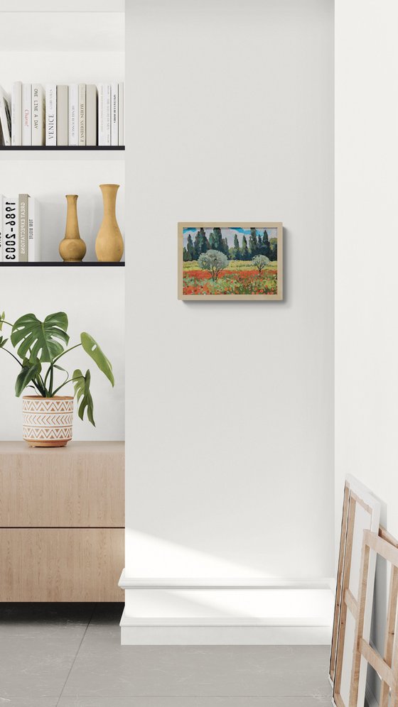 Olive Trees and Poppy Bloom. Landscape