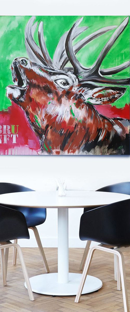 'BRUNFT' #6 - Rutting red deer - Work series 'Deer in pink' - PopArt in Pink and Green by Stefanie Rogge
