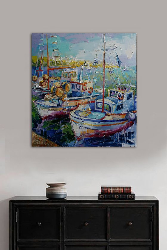 Painting Fishing boats, Nautical Painting, boat yacht bay