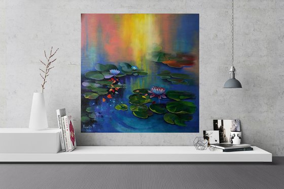 " Water Lilies " - 80 x 80cm Original Oil Painting