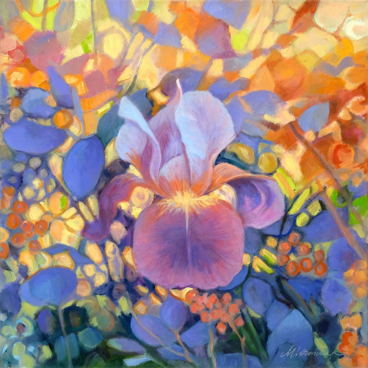 Impressionistic Botanical Oil Painting By Richard Mierniczak, 20 X 20", Iris, Original Artwork