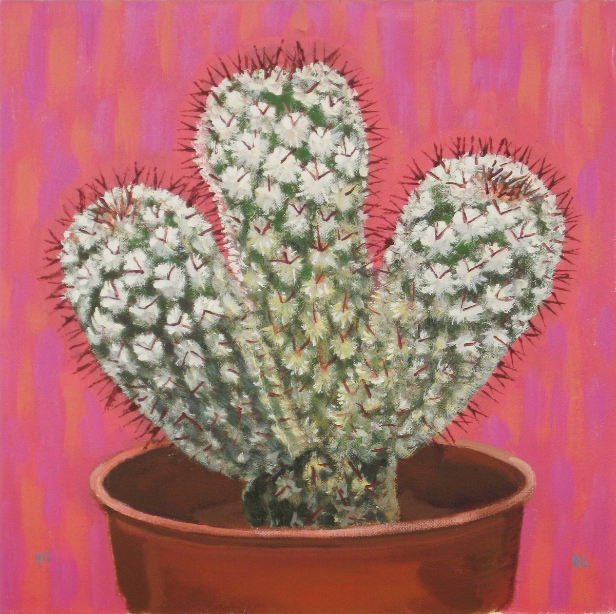 Botanical Oil Painting By Richard Gibson, 10 X 10", Triple Branched Cactus, Original Artwork