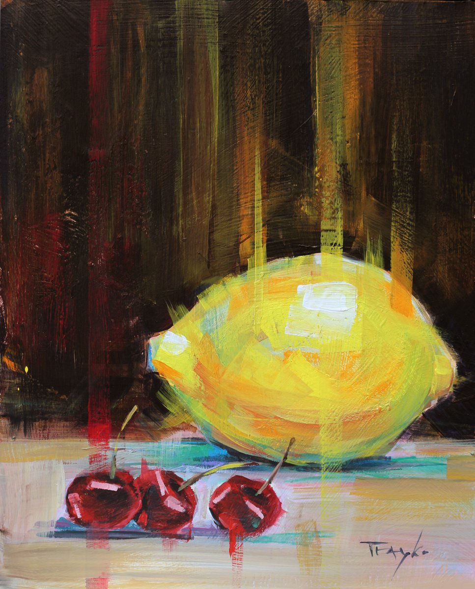 Expressive Still Life Acrylic Painting By Trayko Popov, 8 X 10", Lemon And Cherries, Original Artwork