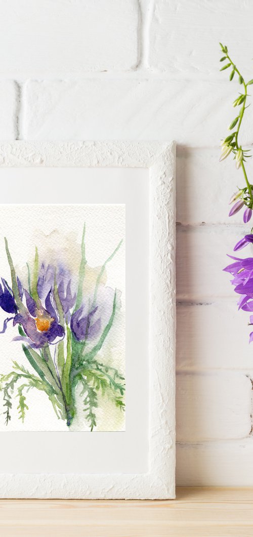 Watercolor original painting of violet flowers by Liliya Rodnikova