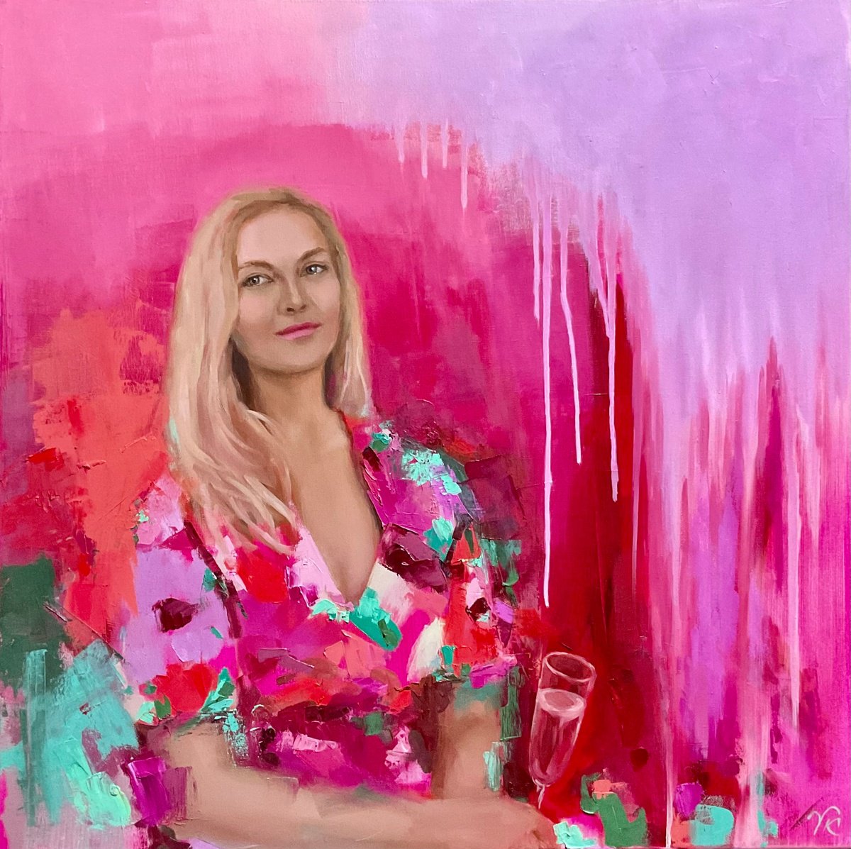 Impressionistic Portrait Oil Painting By Vera Klimova, 31 X 31", Hot Summer 3, Original Artwork