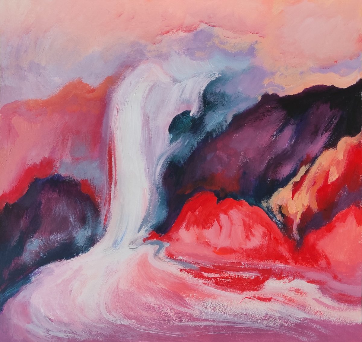 Impressionistic Abstract Acrylic Painting By Tetiana Borys, 11 X 11", Waterfall, Original Artwork