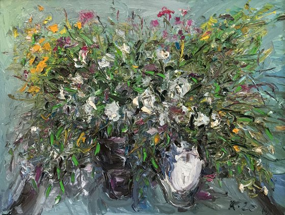 STILL LIFE WITH FLOWERS -  Floral still life art - original painting field flowers bouquet, wildflowers in vase, still-life art green summer nature impressionism art office interior home decore, Valentines gift  60x80