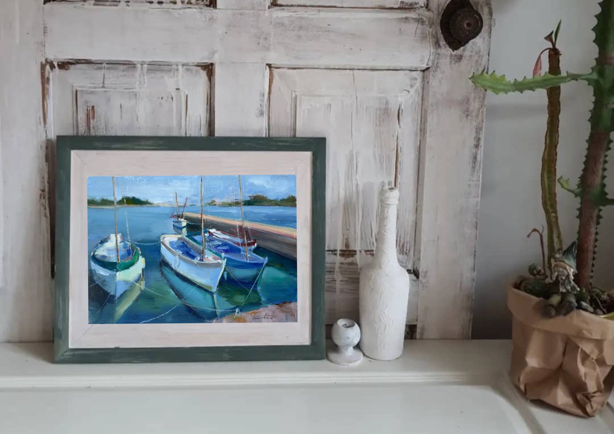 Impressionistic Landscape Oil Painting By Olha Laptieva, 12 X 8", Boats, Original Artwork