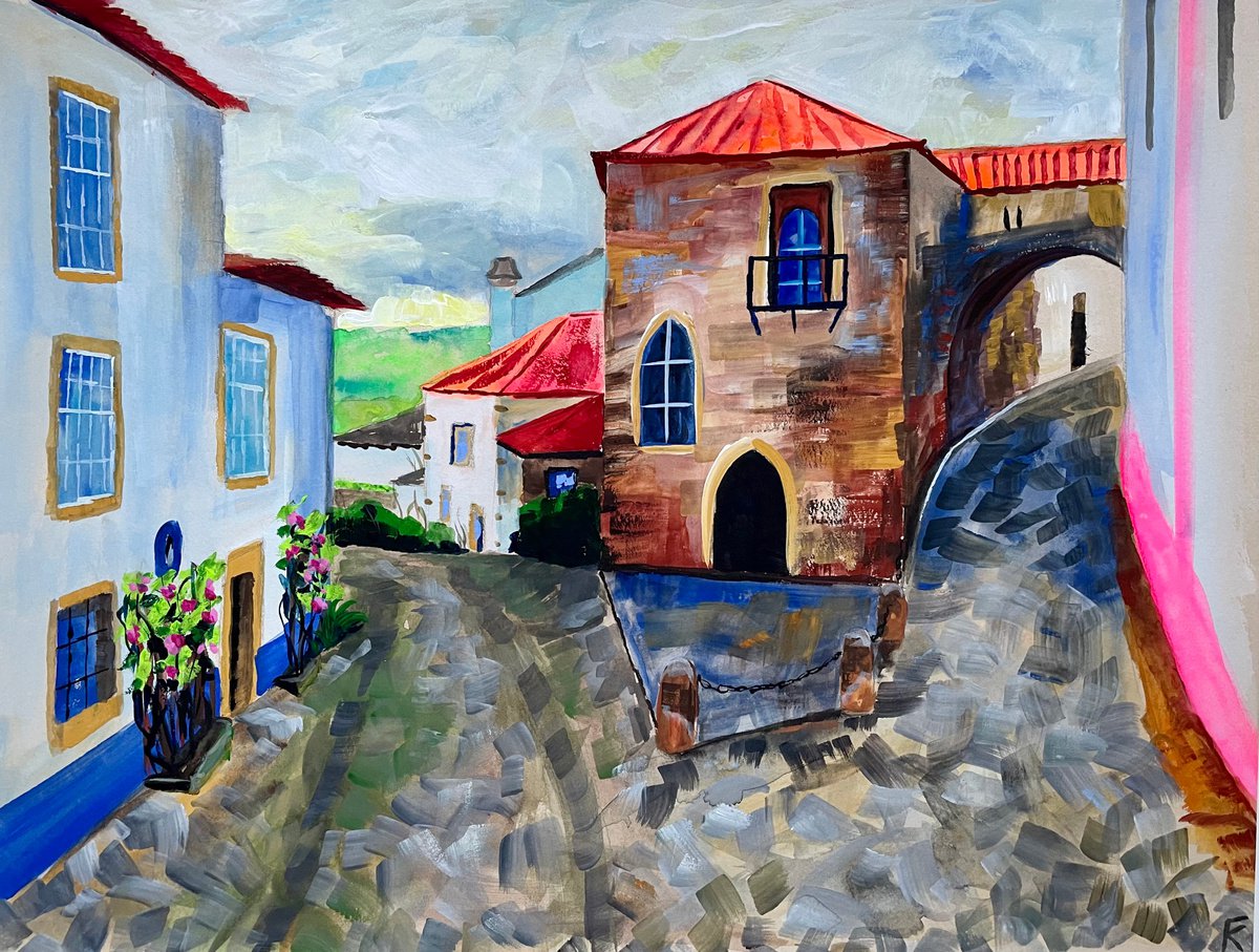 Portugal Original Gouache Painting, Europe Wall Art, Obidos Street Artwork, Travel Gift, M... by Kate Grishakova