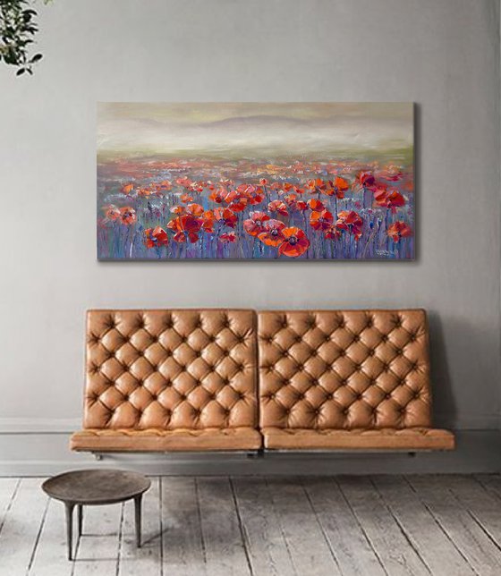 "Field of red poppies". Scenery. Flowers. Original oil painting