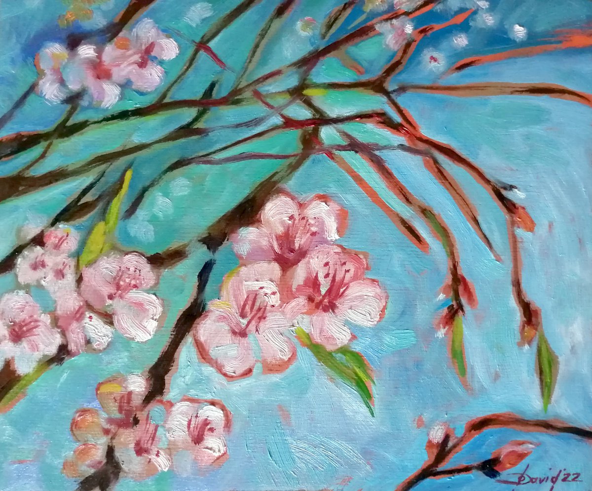 Almond blossom oil painting on wood by Olga David