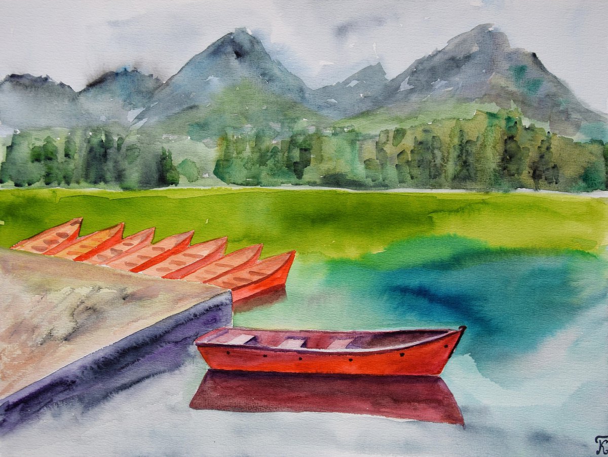 Mountains Painting, Boat on the Lake Original Watercolor Painting, Landscape Wall Art by Kate Grishakova