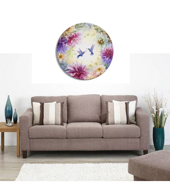 "Birds in love", oil floral painting on round canvas, flowers art