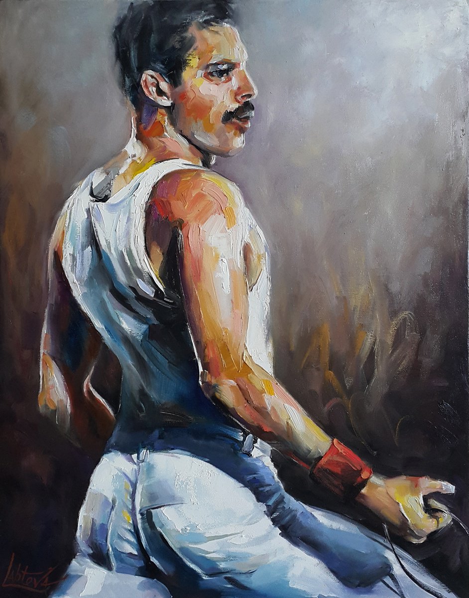 Expressive Portrait Oil Painting By Viktoria Lapteva, 22 X 28", We Are The Champions Freddie Mercury Queen, Original Artwork