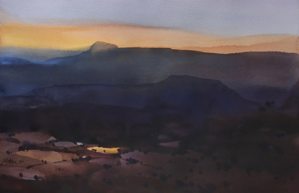 Impressionistic Landscape Watercolour By Prashant Prabhu, 22 X 15", Last Spark Before Night Falls, Original Artwork