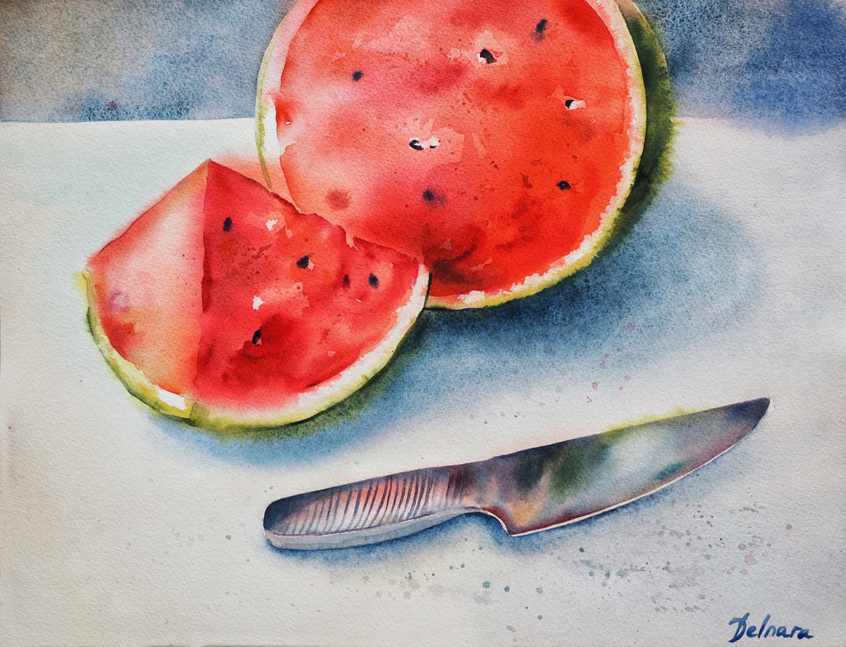 Watermelon and knife - original watercolor by Delnara El