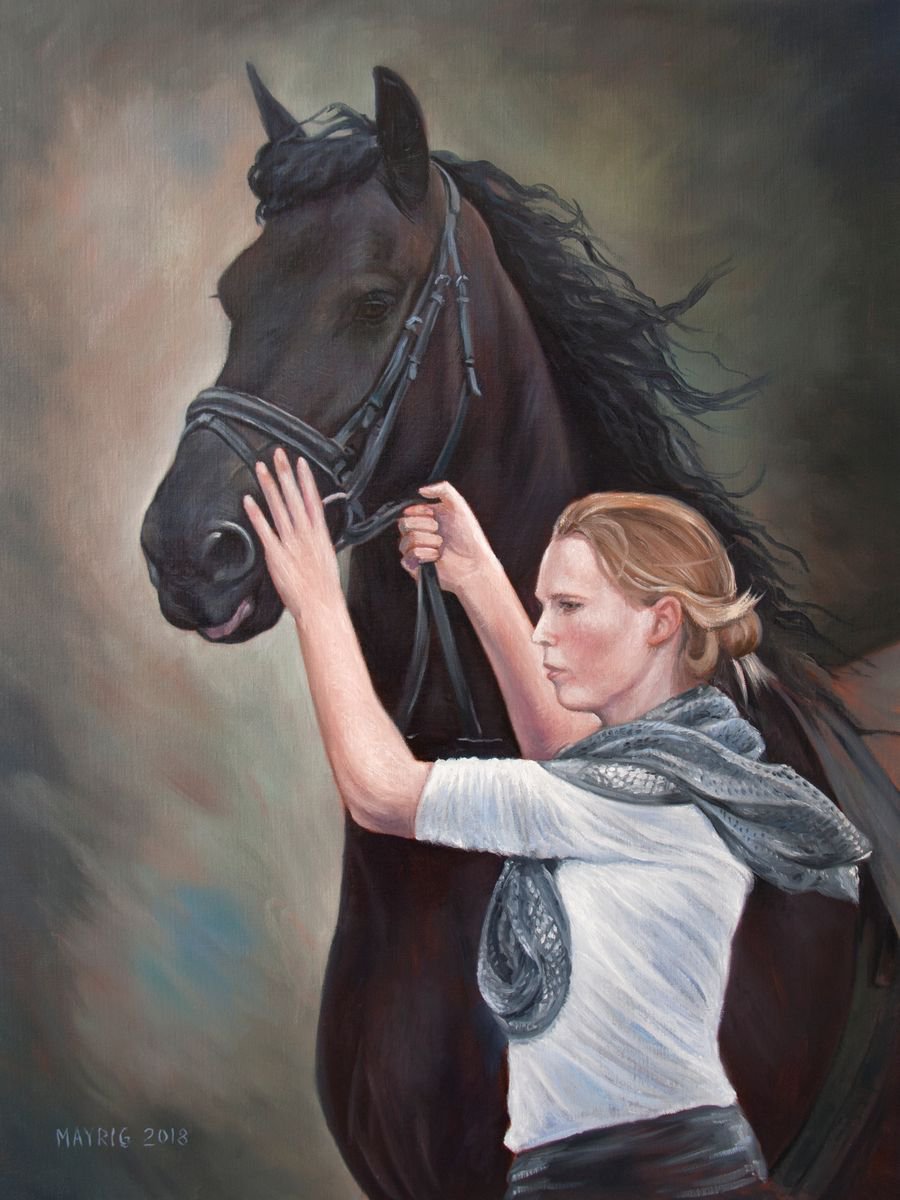 Photorealistic Portrait Oil Painting By Mayrig Simonjan, 24 X 31", Girl With Her Friesian Horse, Original Artwork