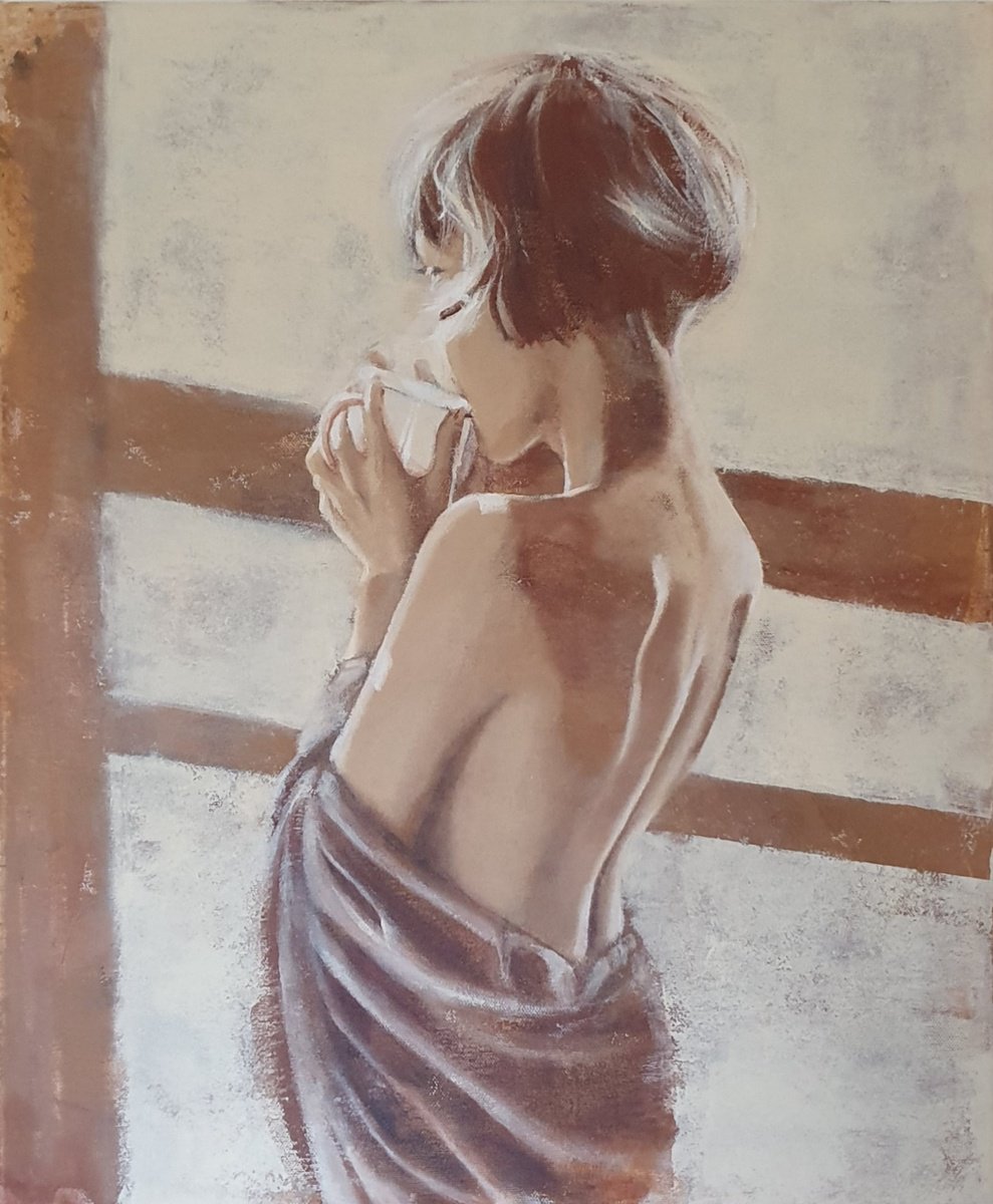 Morning starts with coffee - beige, woman, cup of tea, erotic art by Olesya Izmaylova
