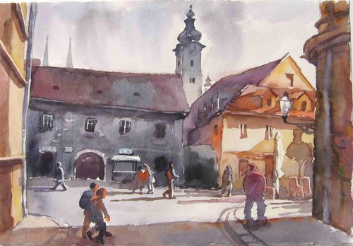 Sunset in old town by Goran Žigolić Watercolors