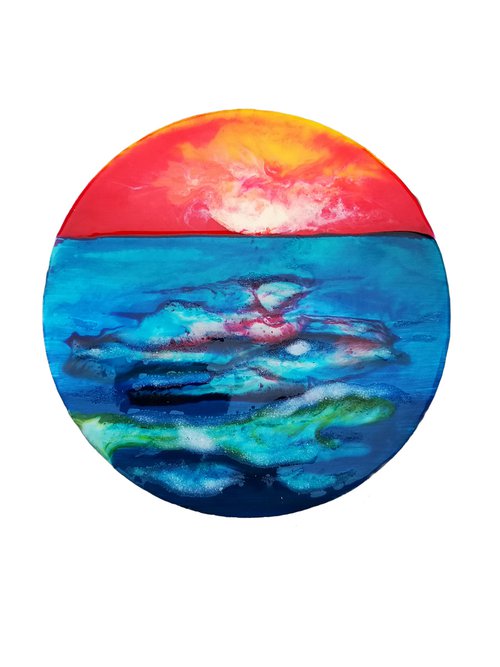 Sunset over the sea - small red and blue resin painting, 15x15x1 cm by Irina Stepanova