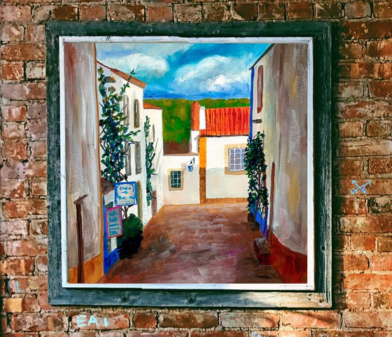 Portugal Original Gouache Painting, Europe Wall Art, Obidos Street Artwork, Travel Gift, Mediterranean Home Decor